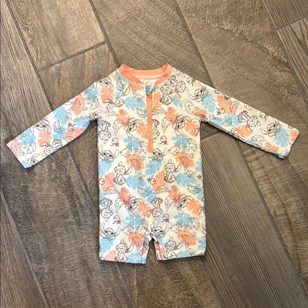 Disney Stitch Baby Rash Guard Swimsuit UPF 50+ 12M Tropical One Piece NWOT